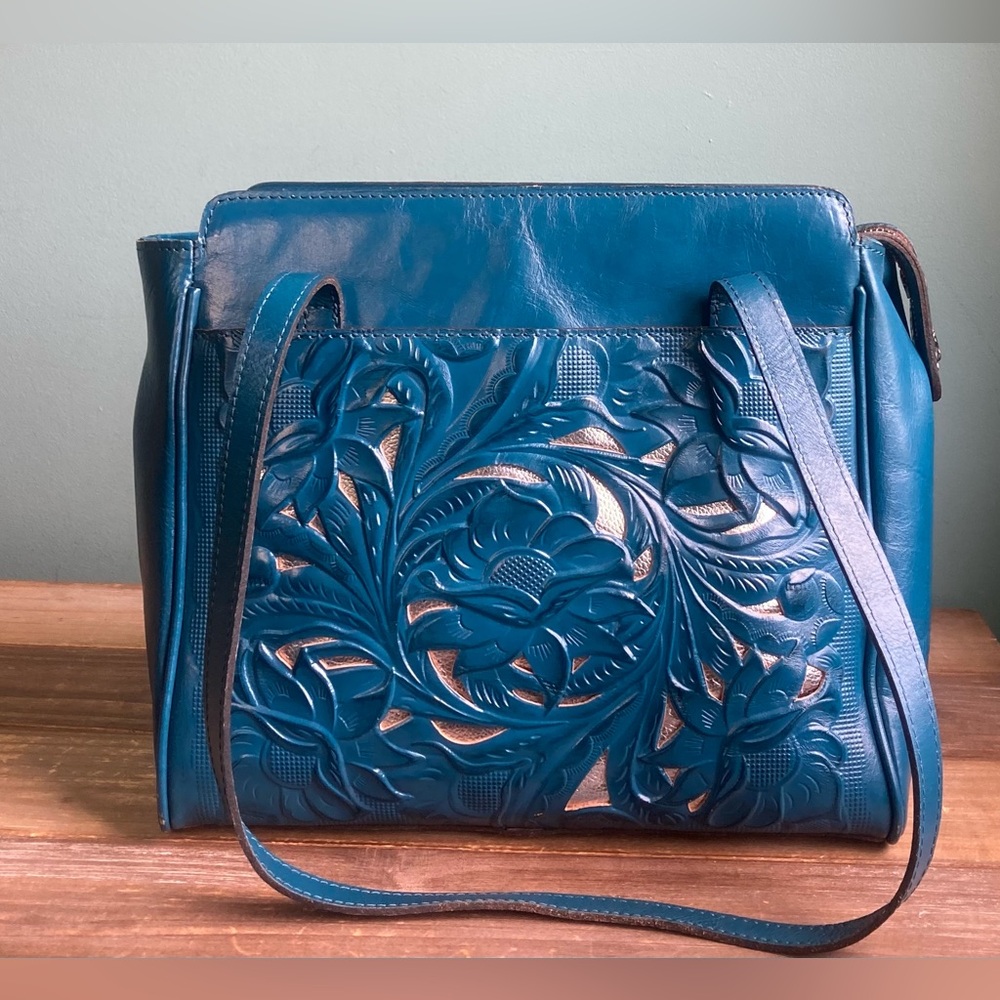 Patricia Nash Hand Tooled Leather Rosedale Tote Bag Caribbean Blue